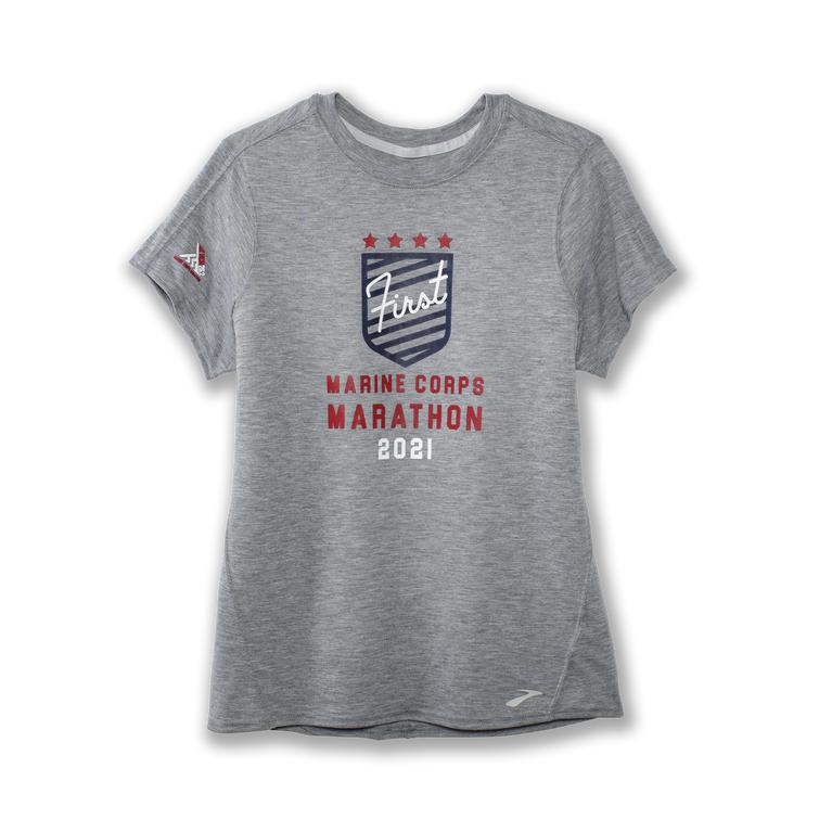 Brooks DISTANCE GRAPHIC Short Sleeve Running Shirt Womens Sale - Heather Ash/1st MCM/Grey (DQS895724